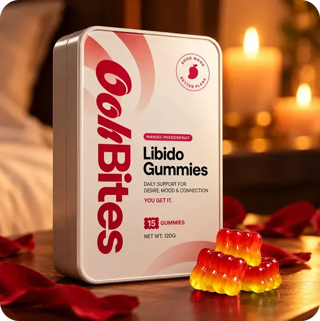 Boîte de gummies Oohbites et gummies sur une table à la lueur des bougies